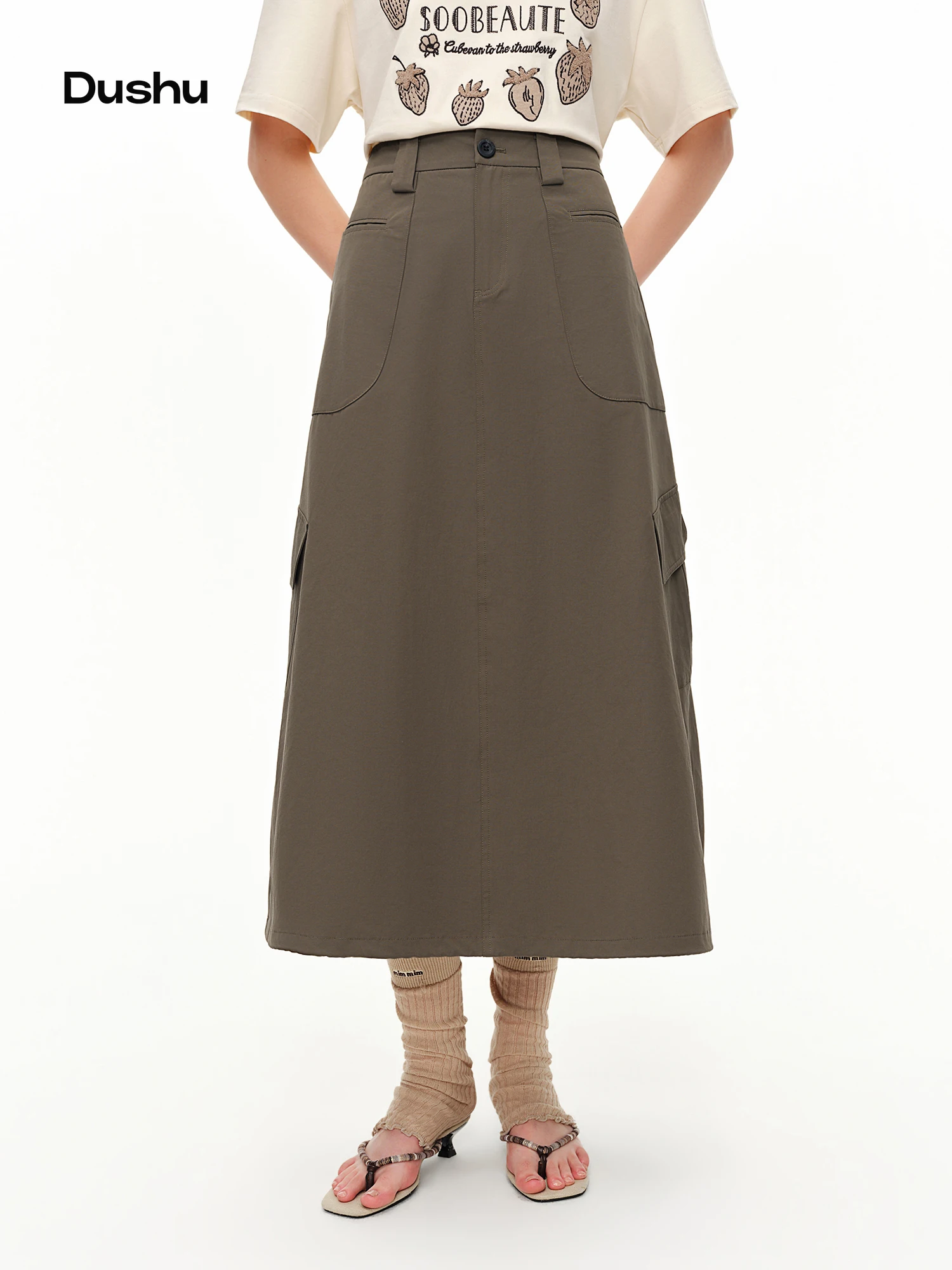

DUSHU Women A-line Cargo Midi Skirt 2026 Summer New Arrival Fashion Commute High Waist Straight Casual Half Skirt Cotton Contain