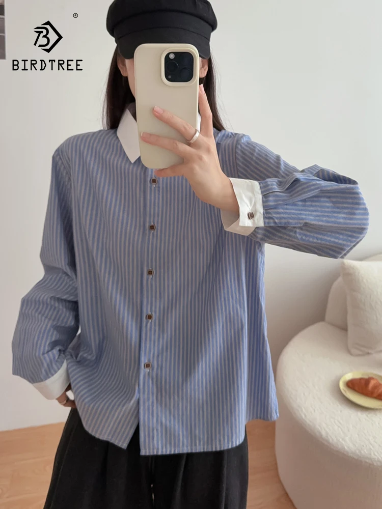 

Новинка 2025, осенняя хлопковая рубашка с длинным рукавом, женская рубашка с отложным воротником в полоску, модная шикарная свободная блузка Mori Girl T59686CC