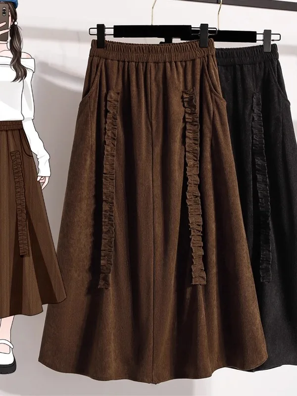 

High Waist Velvet A-Line Midi Skirt Women's Autumn Winter Vintage Loose Fit Casual Sle f-length Skirts