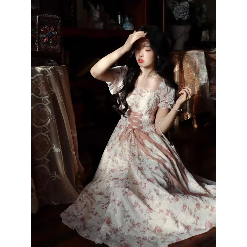 2025 letnia koronkowa koreańska sukienka wróżki kobiety kwadratowy kołnierzyk księżniczka Kawaii kwiatowy Midi sukienka damska bandaż słodkie sukienki moda