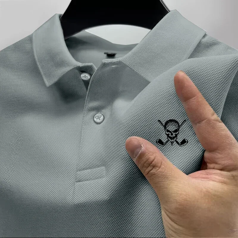 Crânio Golf masculino logotipo polo, moda personalizada, slim fit, secagem rápida, esportes ao ar livre, roupas de lazer, novo, 2024