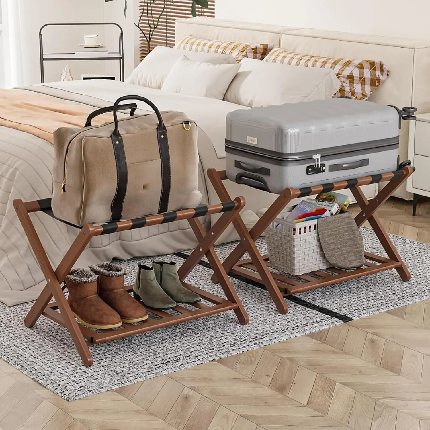 

Fully Assembled Walnut Luggage Racks Set of 2, 5 Nylon Straps Folding Suitcase Stand, Bamboo Luggage Stands with Storage Shelf,