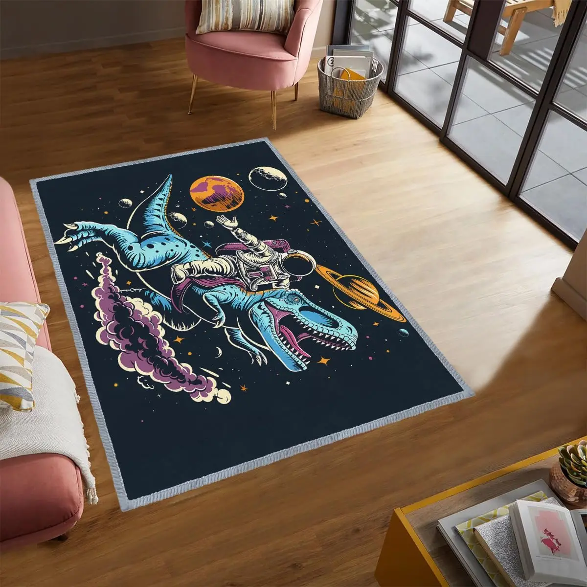 Planet Dinosaur Area Rug Washable Bedroom Rug, Soft Non Slip Non-Shedding Cartoon Spaceman Funny Astronaut Kitchen Mat Indoor