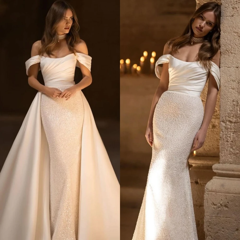 Vestido De Novia De satén blanco sirena elegante personalizado, exquisito Vestido De Novia sin tirantes, vestidos De Novia clásicos con hombros descubiertos