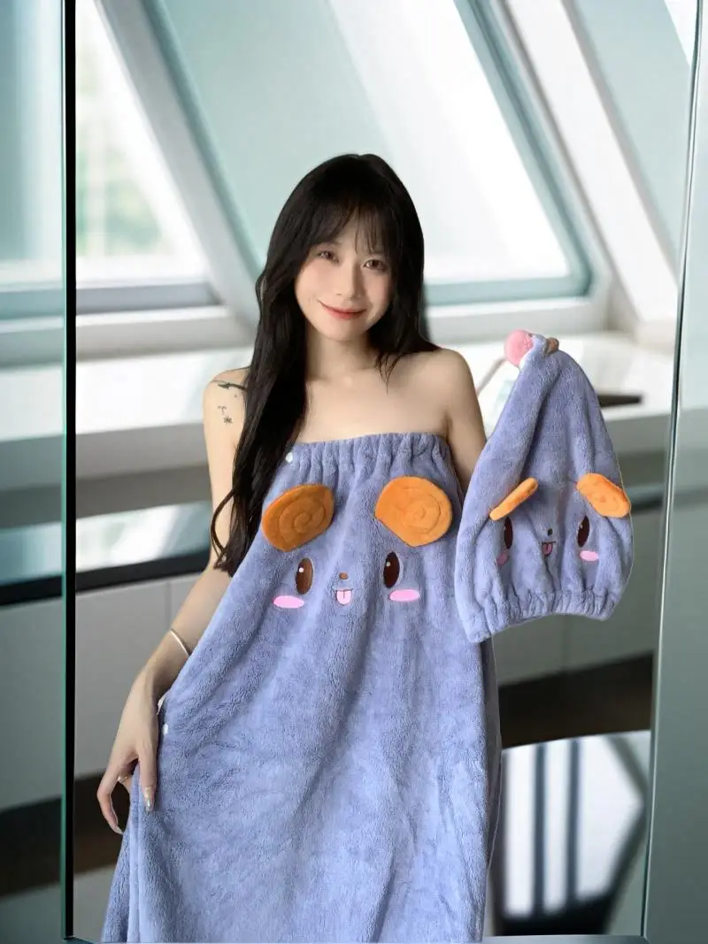 

Cute Coral Fce Bath Towel Robe Women's Home Use Qui Dry Towel Cartoon Bath Skirt Comfortable Soft Polyester Nylon