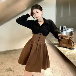 Autumn Fashion Hong Kong Style Pleated Skirt Set Women's Retro Salt Shirt Half Skirt Two-piece Set