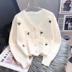 Women Clothing Elegant Fashion Long Sleeve Button Cardigan Autumn Winter Chic Sweet Floral Knit Sweaters Lady European Style Top