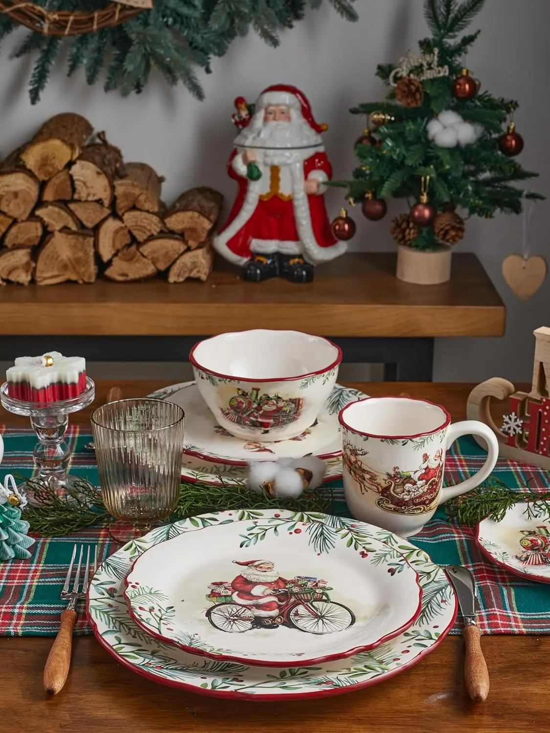 مجموعة أطباق عشاء سانتا أون ذا واي إكليل صدفي مكونة من 4 قطع، أطباق سيراميك كبيرة مقاس 11 بوصة للمعكرونة وشرائح اللحم وأطباق تقديم أنيقة،