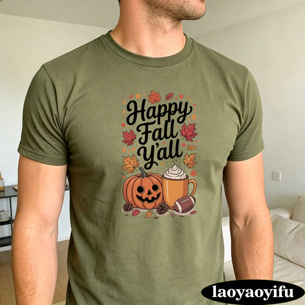 Мужская хлопковая футболка с коротким рукавом Happy Fall Y'all Summer с осенними принтами: тыква, кофе, футбол, кленовый лист.