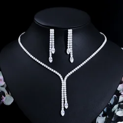 CWWZircons Bling Tassel Drop Cubic Zirconia Paved Women Party Wedding Jewelry Sets Fashion Bridal Necklace and Earrings T625