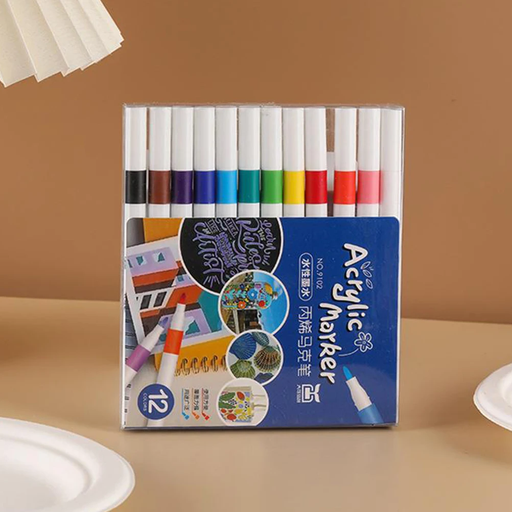

12 Pcs Acrylic Markers Creative Paint Pens Fine Tip Practical Painting Drawing Rich Colors Beautiful Effect Water Based Quick