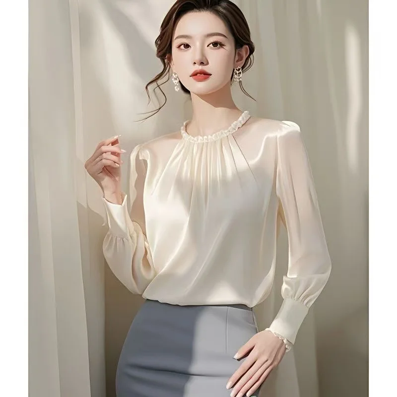 

Vintage French Women Shirts Elegant Bow Tie Long Sleeve Blouse Office Ladies New Fashion Chic Solid Female Tops Spring Autumn