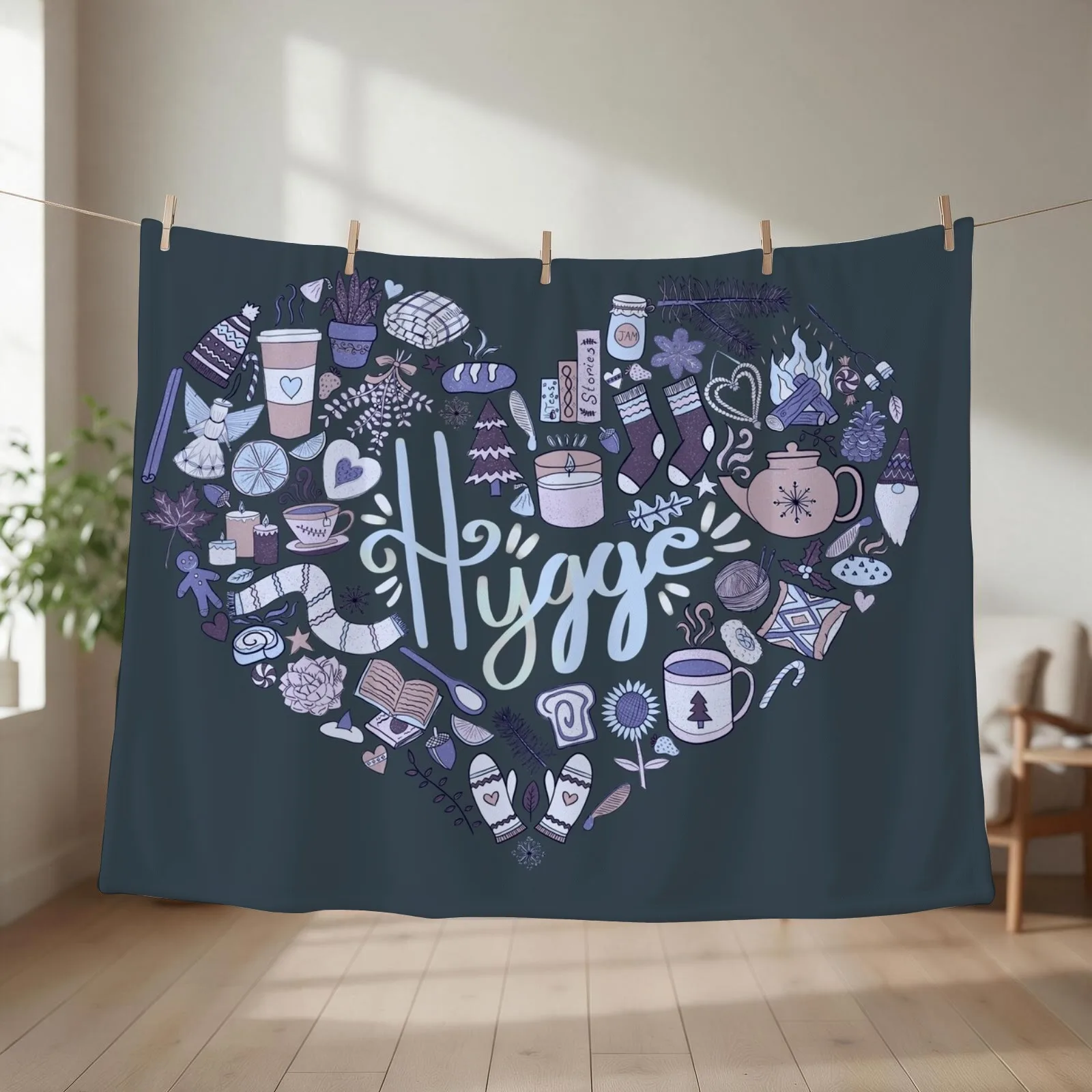 Hygge Doodle Heart - Winter Night & Charcoal Throw Blanket couch cozy soft plush fuzzy picnic outdoor blanket