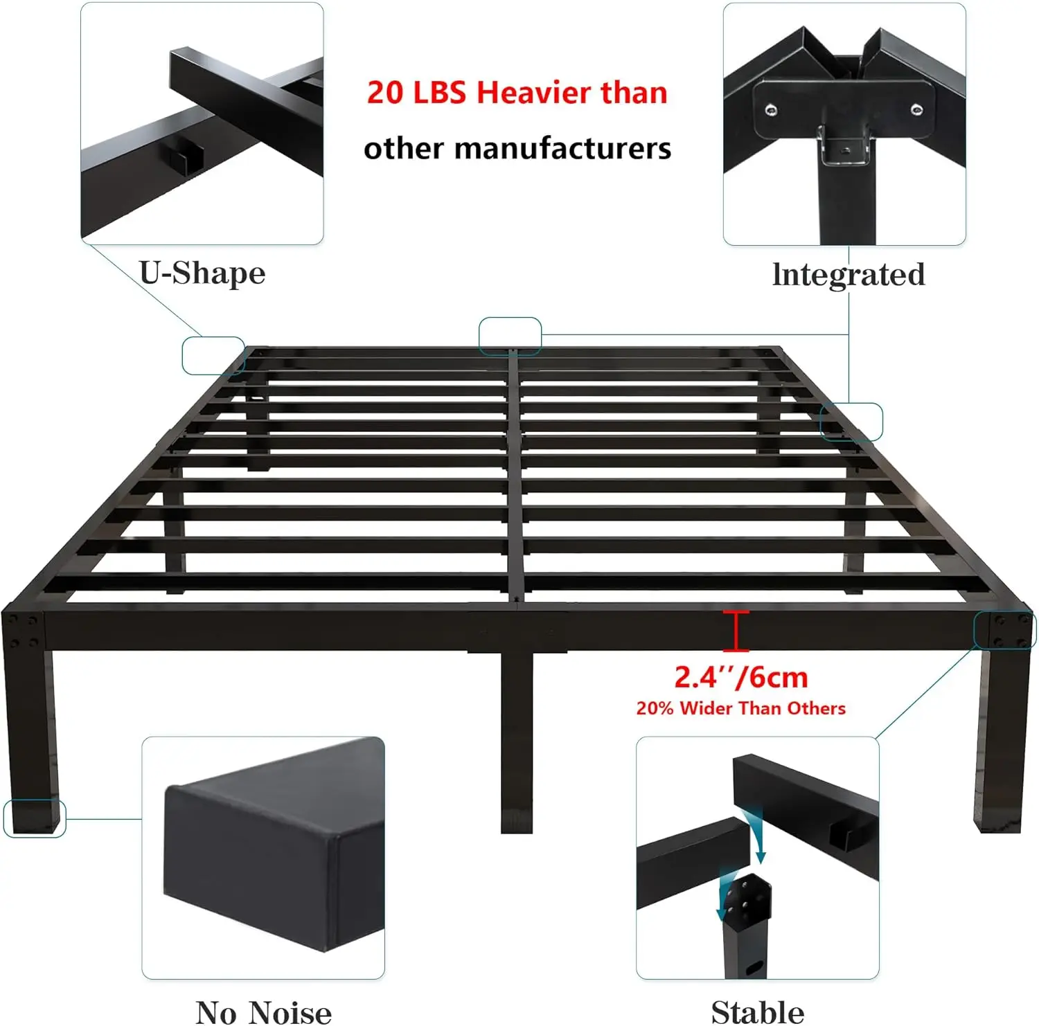 إطار سرير معدني متين عالي 18 بوصة مع سهولة التجميع ودعم شريحة فولاذية بسعة 4000 رطل
