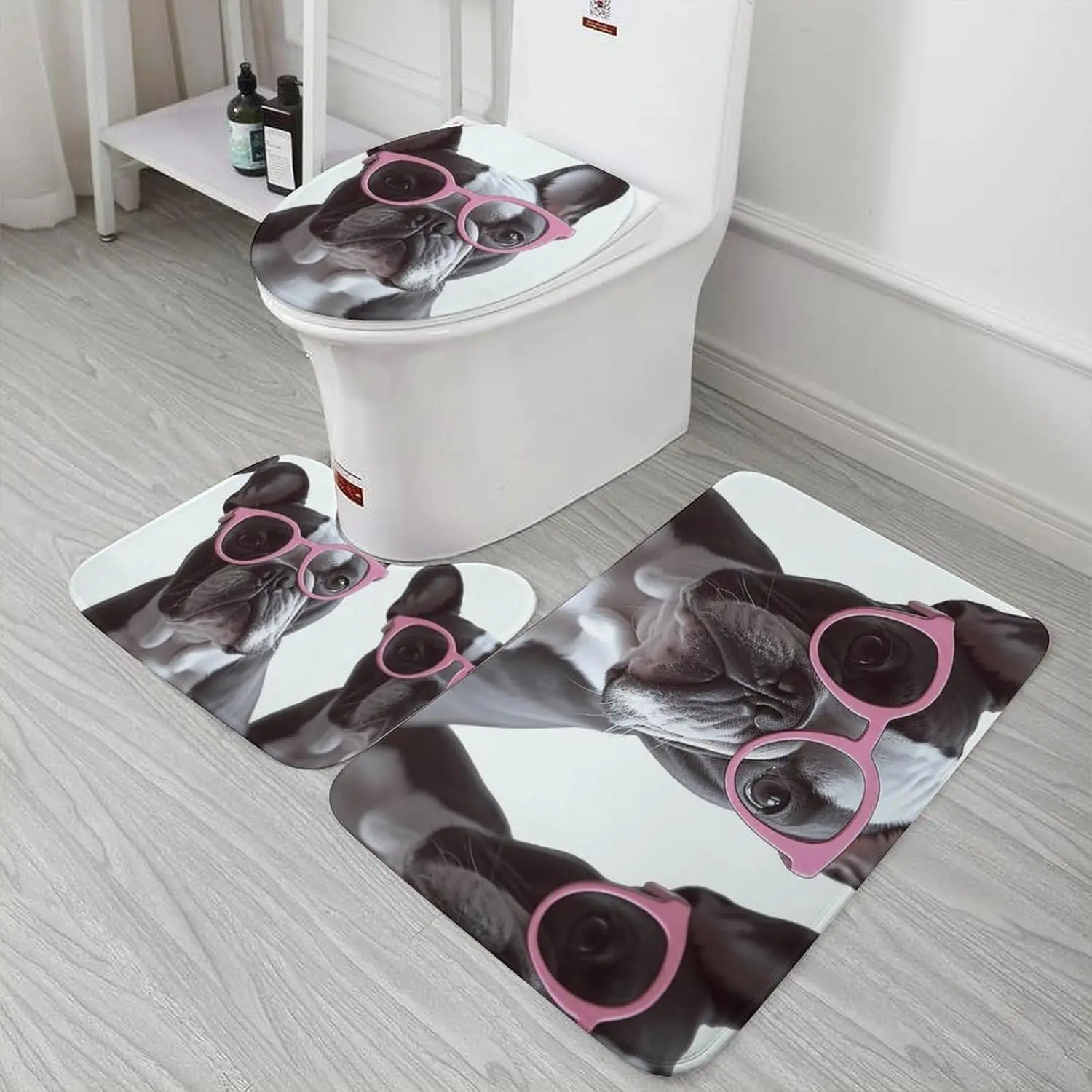 3 Piece Bath Rug Set Non Slip Absorbent Bath Mat Contour Mat with Toilet Lid Cover French Bulldog Glasses Soft Floor Mats for