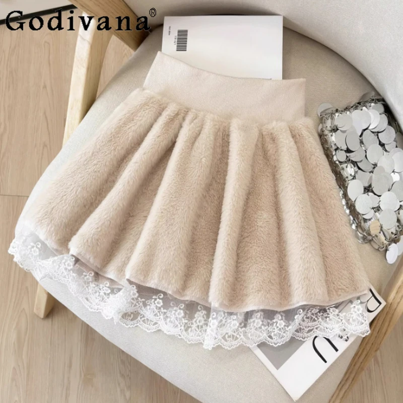 

Cute Women Autumn Winter New Sweet Lace Splicing A-line Skirt Fashion Versatile Age-reducing Korean Solid Color Short Skirts