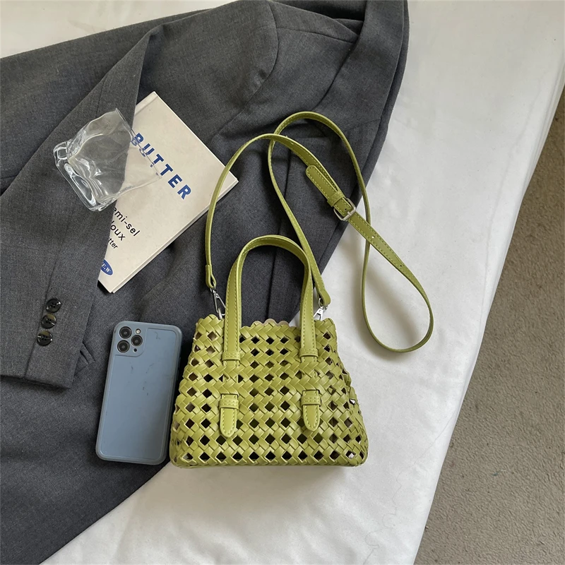 Summer Hollow Woven Mini Tote Bag Women Removable Crossbody Strap Handbag Multi-color Solid Leather Weave Casual Beach Purse