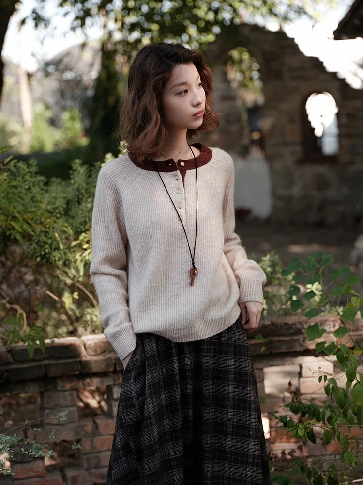 

Botanique Wool Alpaca Henry Collar Sweater Color Blo Crayon Tone Women's Long Sve Knitted Sweater Winter Season Faion