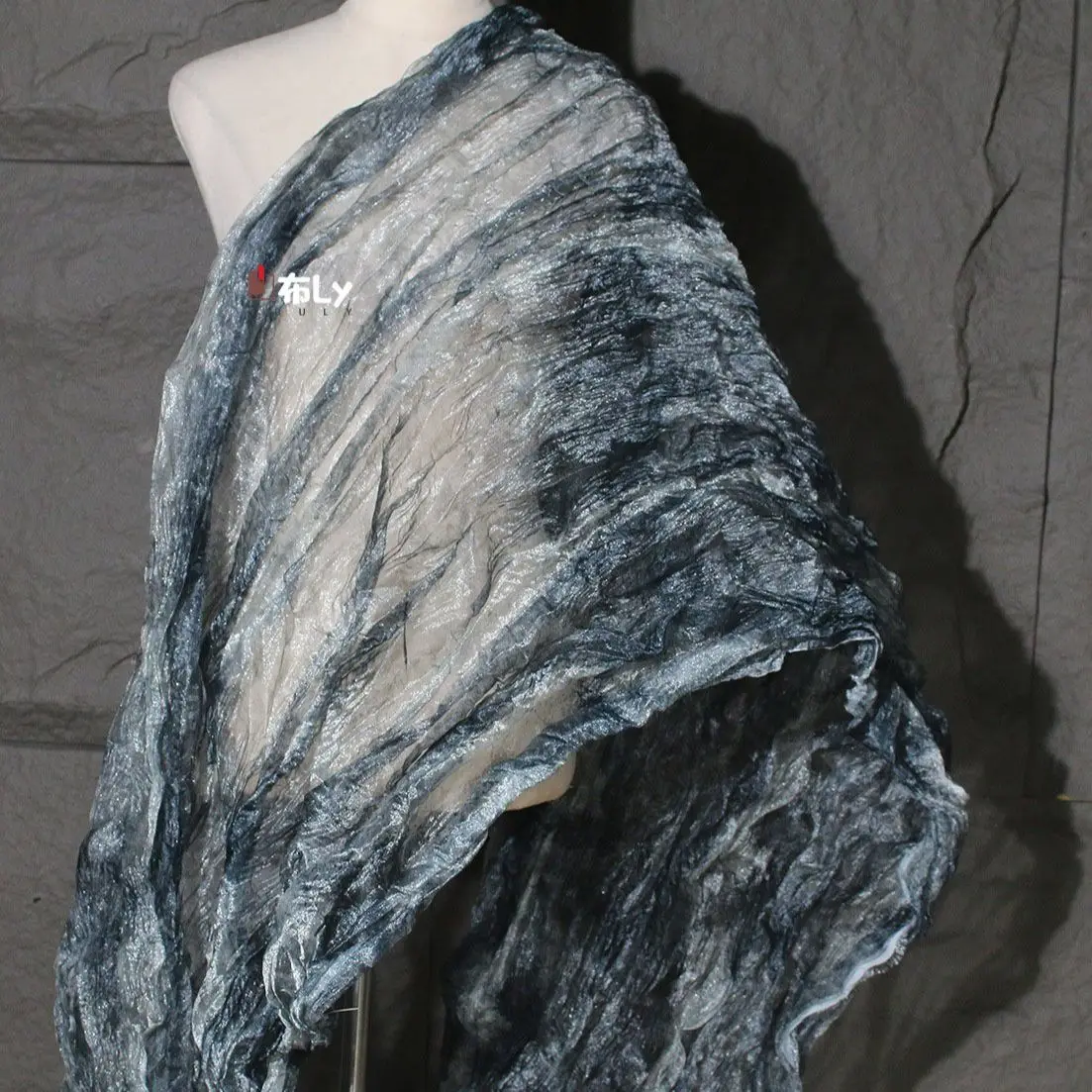 Water ink dyed organza original irregular folding laser gradual change fabric lace fold clothing designer fabric