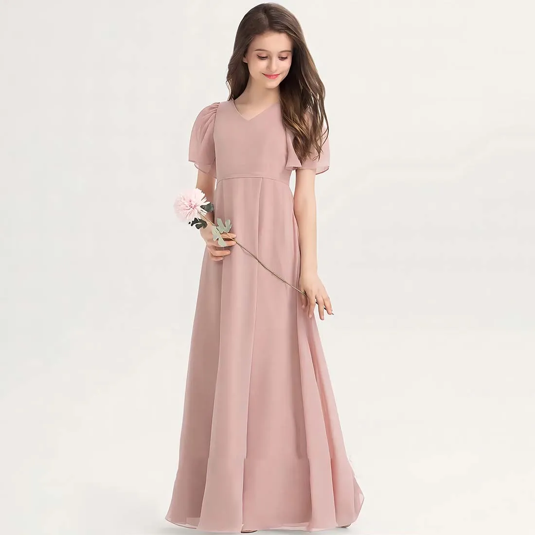 YZYmanualroom Chiffon Junior Bridesmaid Dress A-line V-Neck Floor-Length 2-15T