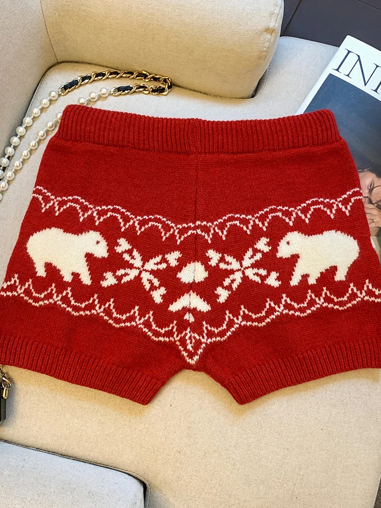 크리스마스 레드 빈티지 니트 반바지 여성 슬림 하이 웨이스트 스위트 프린트 반바지 미국 가을 겨울 여성 레트로 캐주얼 반바지