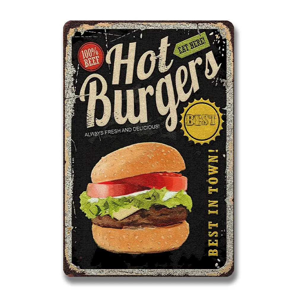 Hot Burger,Vintage Restaurant Tin Sign,Frameless Fast Food Wall Art Decorative Poster,Bar Town Restaurant Living Room Cafe Tin S