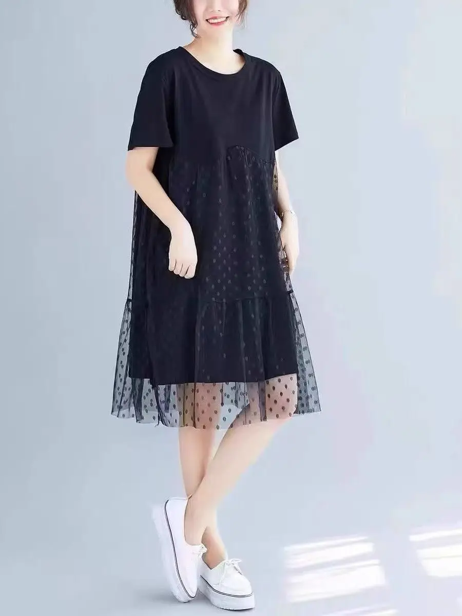 

Slimming Mesh Summer New Style plus Size Dress Cover Belly High Waist A-Line Skirt Casual Breathable Polyester Fiber Dress