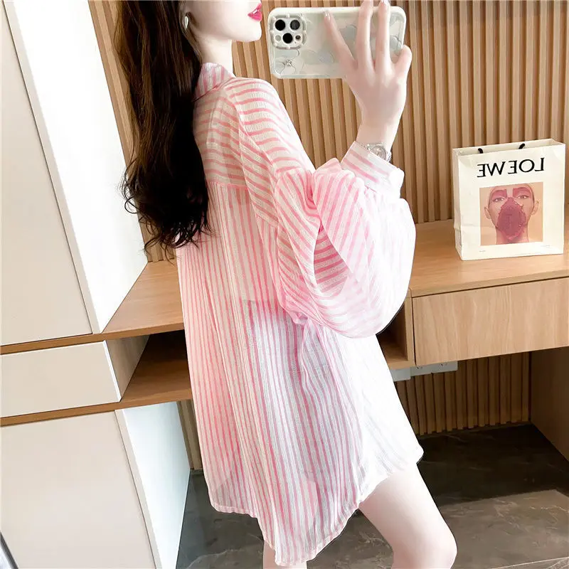 2023 Casual Striped Stylish Spliced Single-breasted Blouse Spring Summer Thin Long Sleeve Korean Loose All-match Pockets Shirt