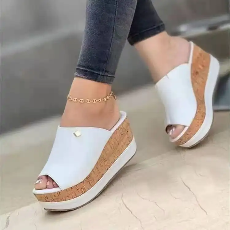 Vintage Peep Toe Platform Wedge Sandals Women\'s Summer Wedges Slippers Slip-On Shoes Woman Flat Peep Toe Breathable Soft