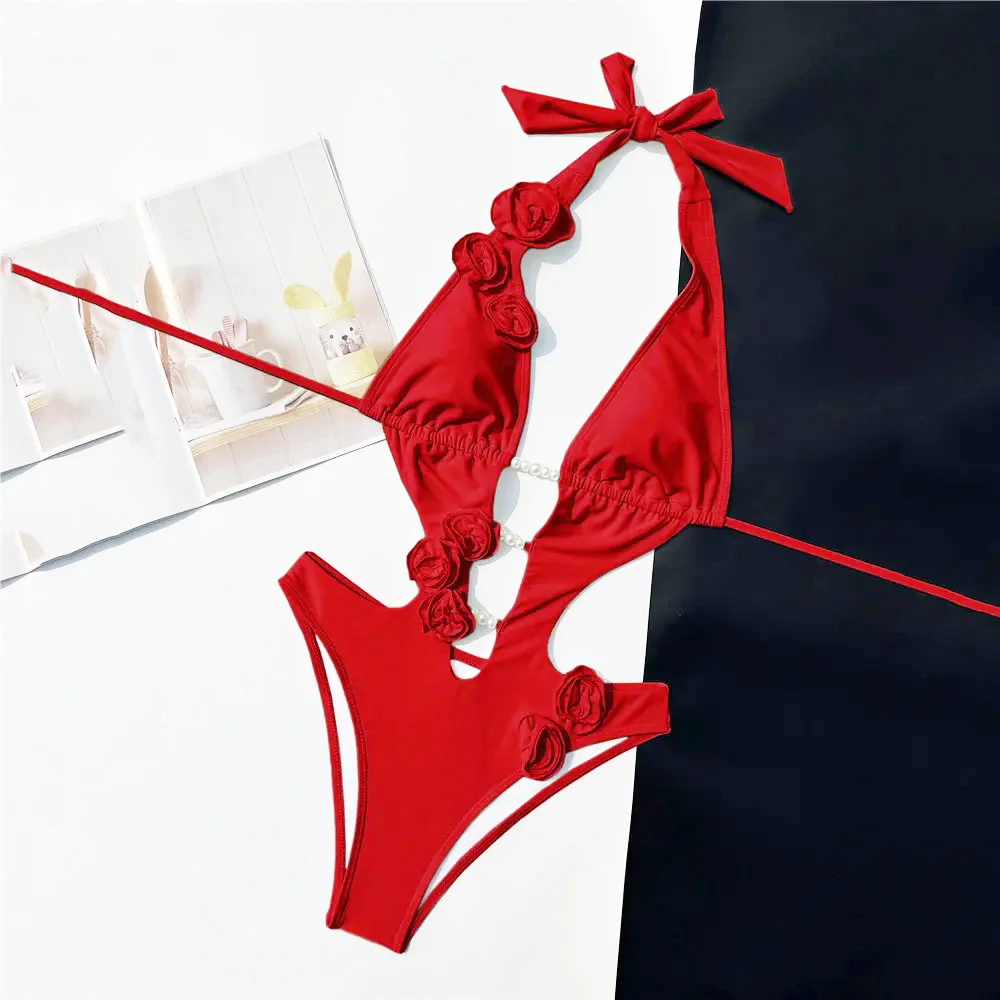 Sexy Red 3D Flower Swimsuit One Piece Woman Halter Backless Swimwear 2026 Pearl String Hollow Out Monokini Bathing Suit Wear