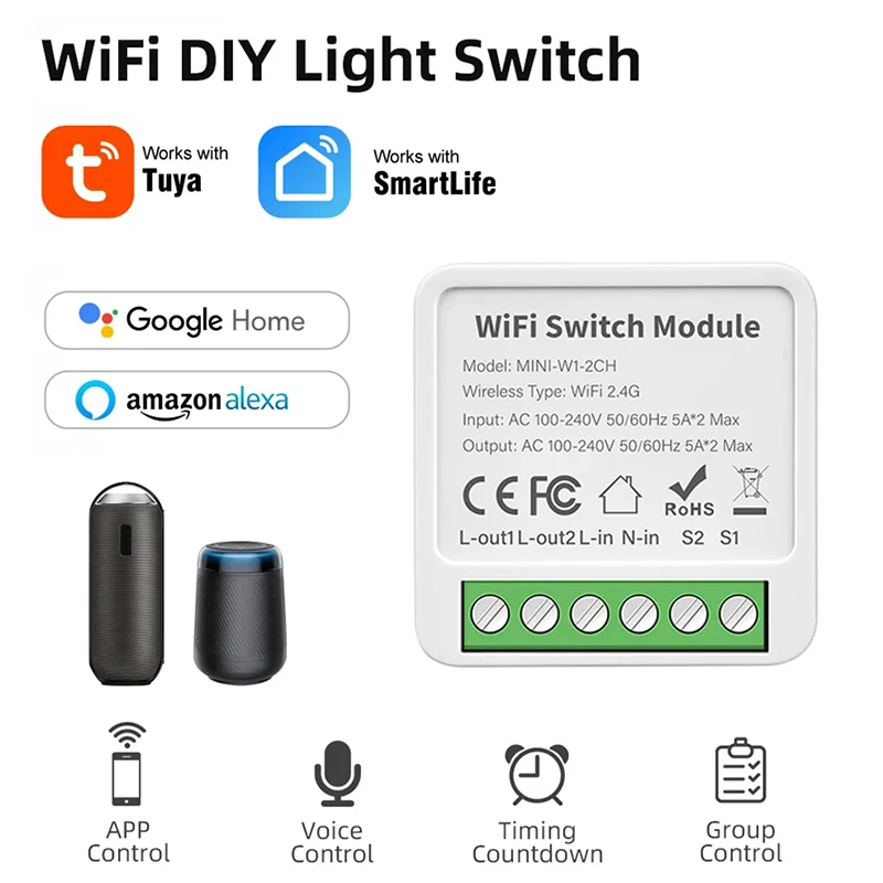 Tuya Mini 16A Wifi Smart Switch 2-way Module On/Off Breaker Wireless Remote Voice Works with Smart Life Google Home Alexa Alice