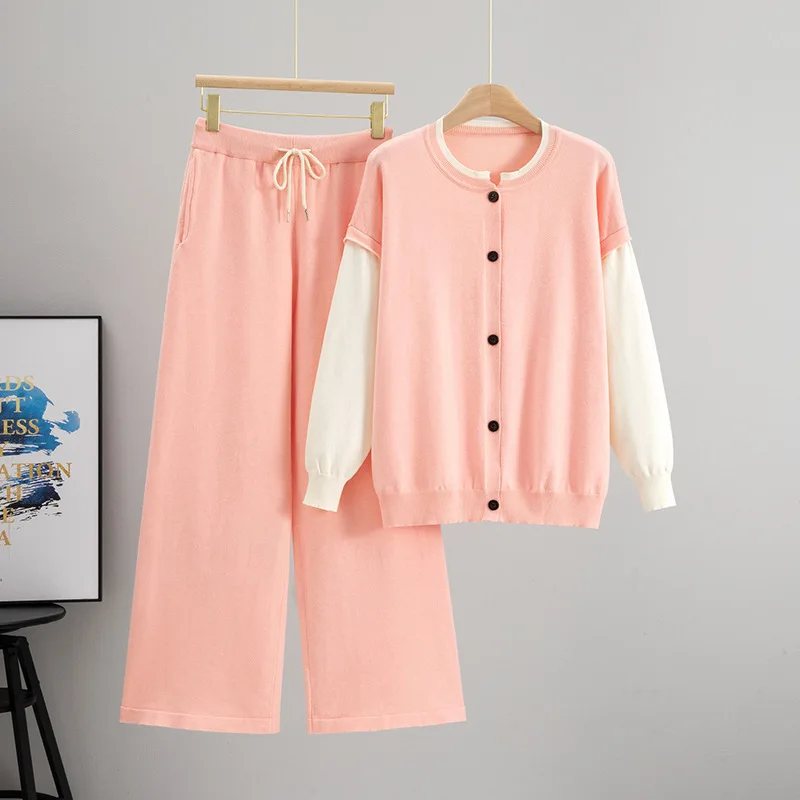 

Women Sweater 2 Piece Set Knit Jacket Cardigan Wide Leg Pant Muslim Casual Knitted Outfits Tracksuit Suit Autumn Winter Knitwear