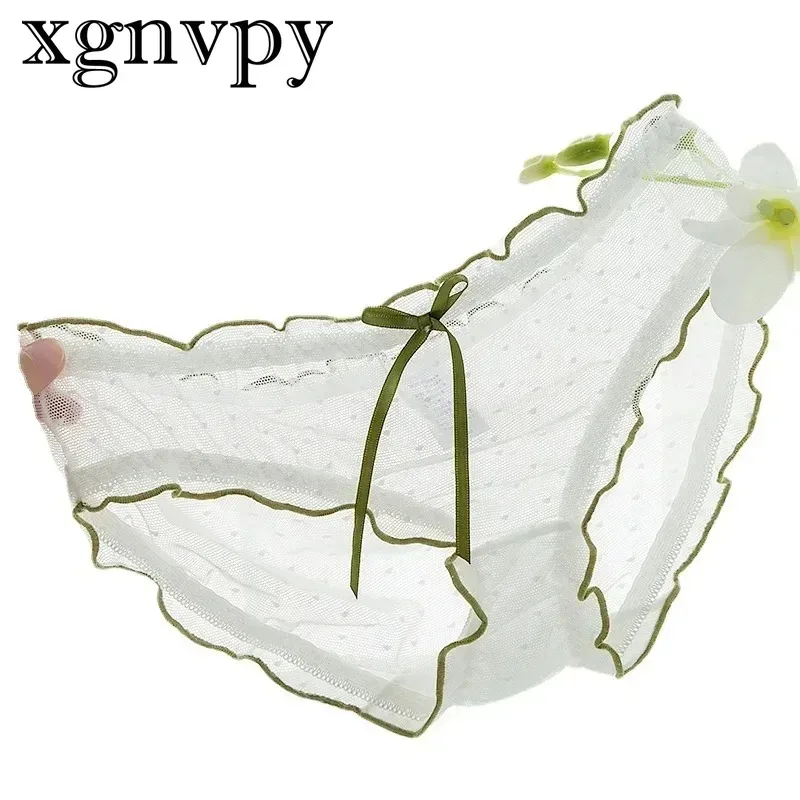 xgnvpy         Sexy Women's Thongs Set, Mesh Mid-waist Lace, Cotton Crotch, Fluttering Ribbons Lingerie image 5
