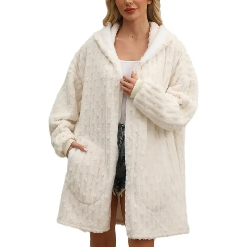 Hooded Robes For Women Loose Plush Sleepwear Pajamas Blanket Robes Long Sleeve House Coat Hooded Robe With Pockets For Women