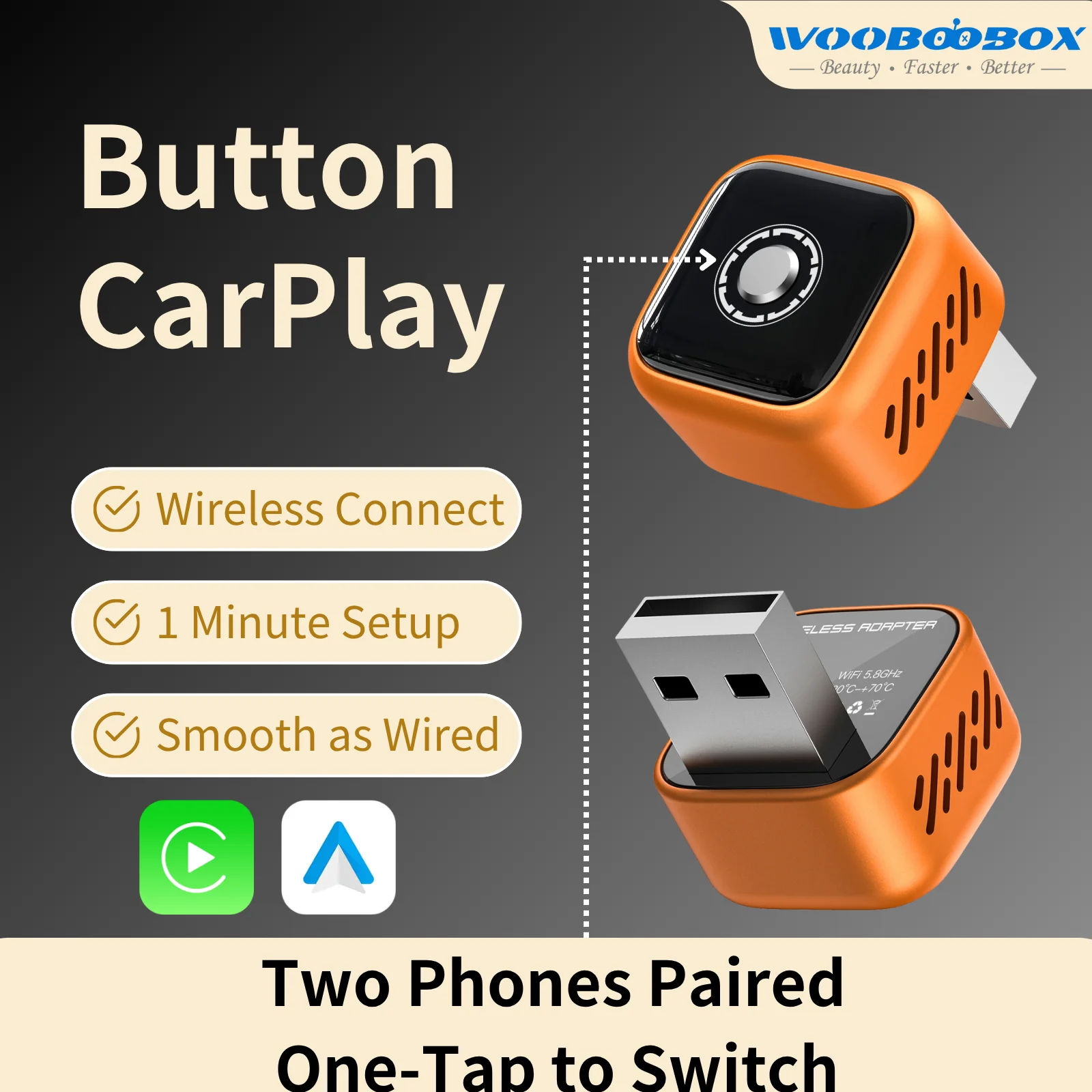Wooboobox Wireless CarPlay Adapter, 2 Phones Connection One-Tap Switch, CarPlay Dongle for iPhone Android, Auto Connect No Delay