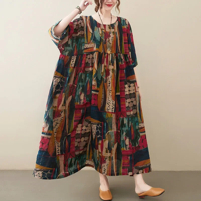 Kurzarm übergroße Baumwolle Vintage Blumen neu in Kleidern für Frauen lässig lose lange Sommerkleid elegante Kleidung 2025