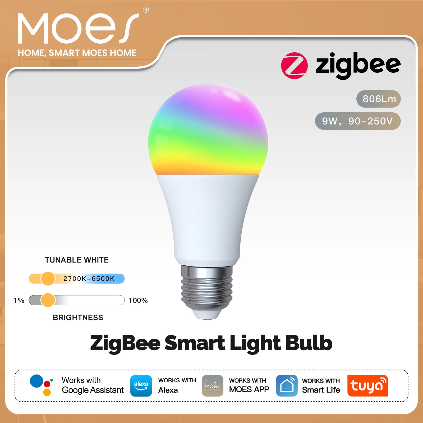 MOES 1-9PCS 9W AC90-240V Tuya ZigBee Smart LED Light Bulb RGB E27 Dimmable APP Remote Control Alexa Google Home Voice Control