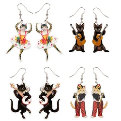 Cute Cartoon Ballet Cat Acrylic Printing Women's Earrings Funny Playing Flute Guitar Black Kitten Charm Dangle Earring Jewelry