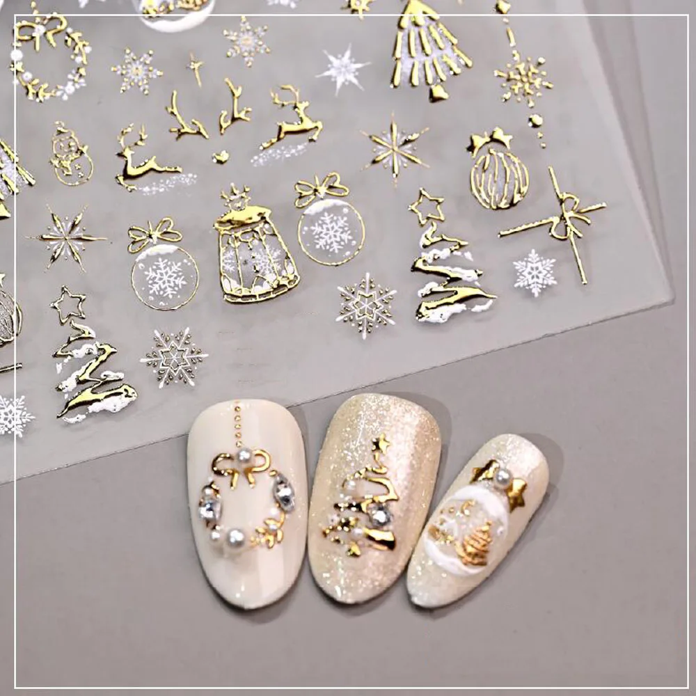 5D Bronzing Gold Christmas Nail Art Sticker Embossed Relief Snowflake Deer Nail Decals Xmas New Year Manicure Decoration Sticker