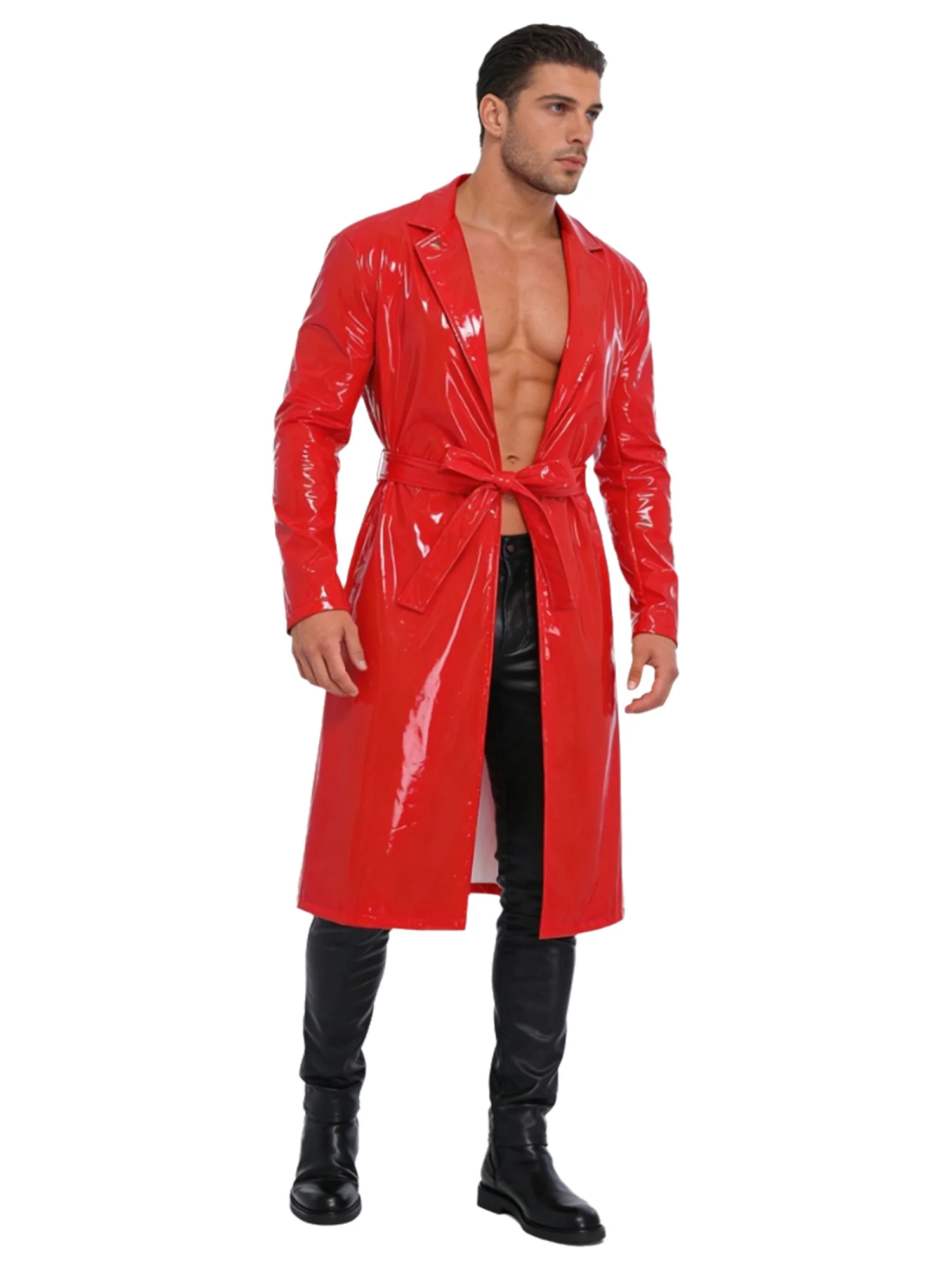 Herren Glänzender Langer Trenchcoat Blazer Revers PU-Leder Offene Vorderseite Lange Jacken mit Gürtel für Freizeit Streetwear Party Clubwear