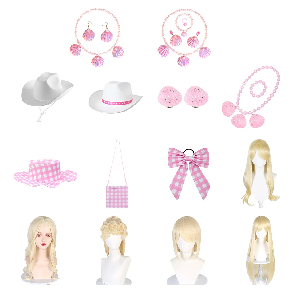 Kids Headwear Barbi Necklace Pink Shell Pearl Bracelet Ear Clip Set Light Gold Wig With Slightly Curly Hair And Long Hair 