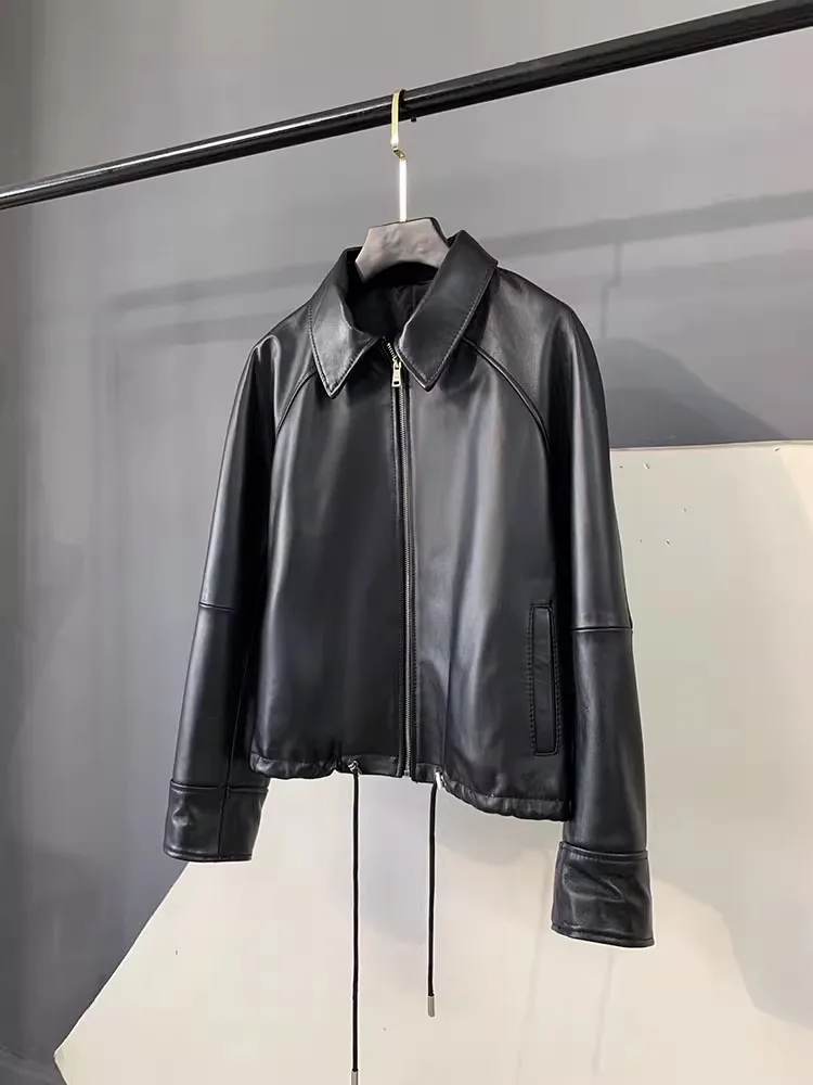 Vendita calda autunnale Giacca femminile in pelle di pecora naturale con coulisse Colletto couverture Cappotto corto Cerniere superiori Capispalla in vera pelle da donna