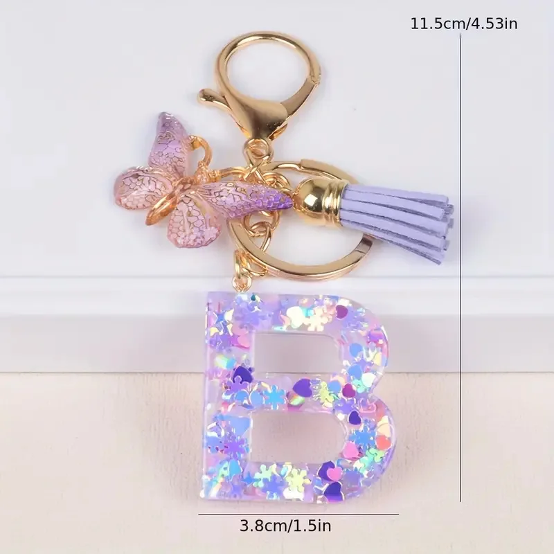 A-F Dreamy Glitter Letter Women's Keychain Tassel Butterfly Pendant Initial Keychain Wallet Hanging Bag Charm Car Keychain