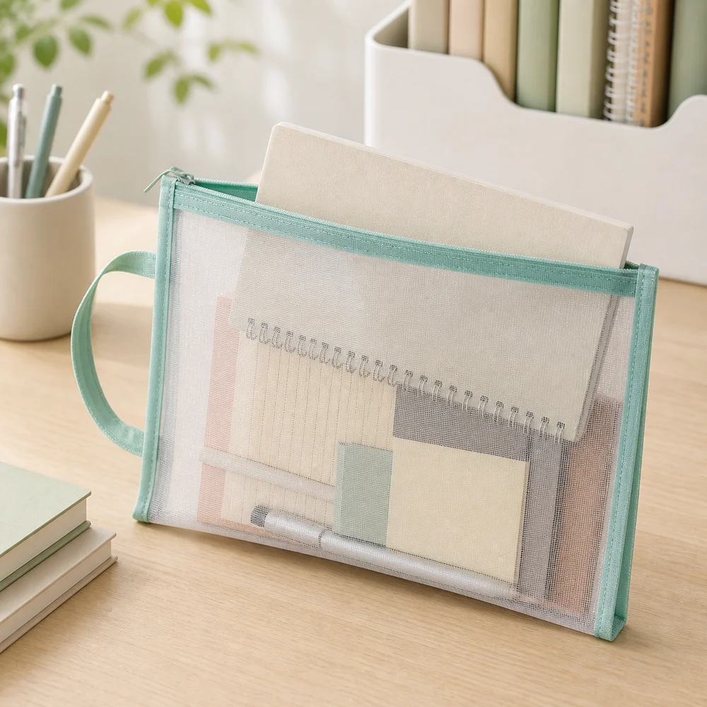 New Nylon Mesh Zip Bag A4 Transparent File Storage Bag Morandi Style Dust Resistant Cosmetic Makeup Bag Office Supplies