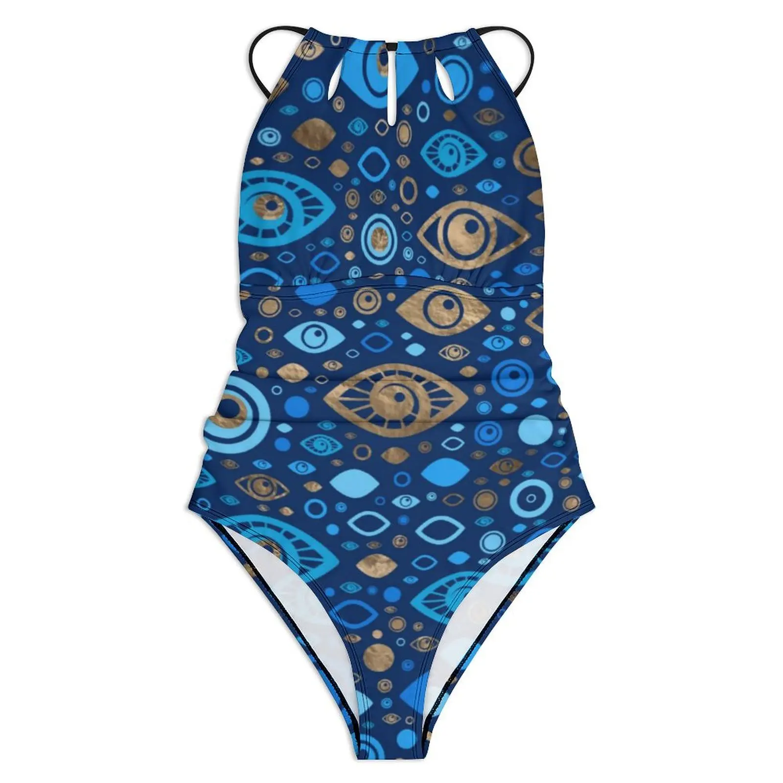 Greek Evil Eye Swimsuit Blues and Gold Swimwear One Piece Holiday Surf Bodysuit Sleeveless Monokini Woman Push Up Sexy Beachwear