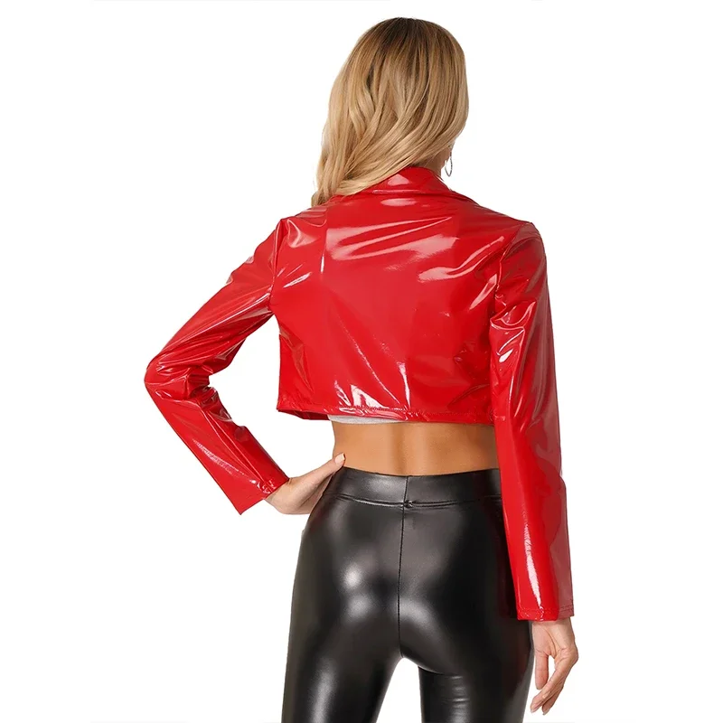 Women's PU Shiny Leather Coat Short Top Trend Motorcycle Waist Sexy Jacket Red Mirror Pu Bright Leather Nightclub Uniform S-3XL