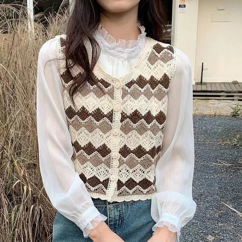 Argyle Crochet Vest 여성 민소매 버튼 다운 오픈 니트 양복 조끼 탑 Boho Teen-girl 봄 여름 해변 복장