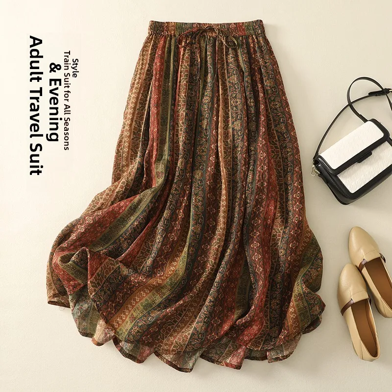 Falda Midi de Verano de Doble Capa, Estilo Retro, Informal, Versátil, de Lino y Poliéster Estampado, con Dobladillo Ancho y E...