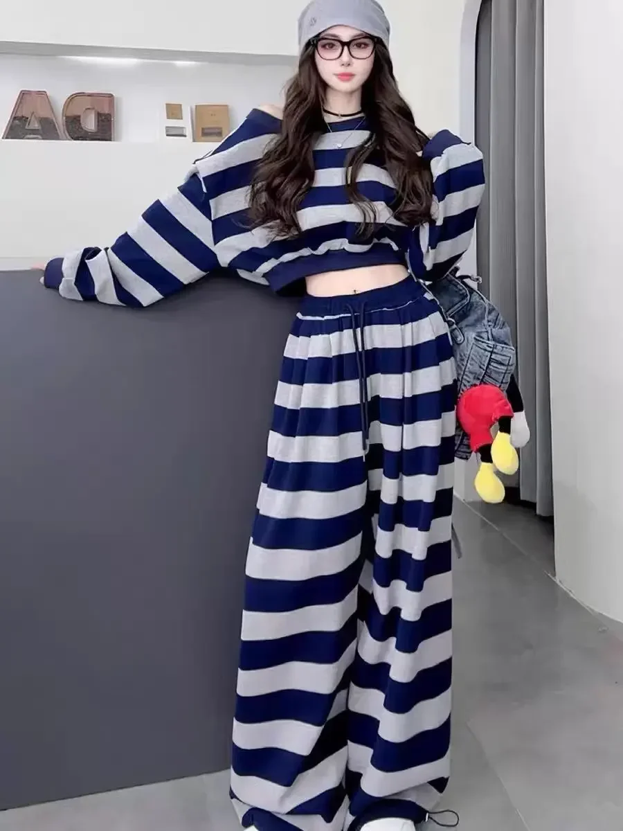 

Casual Suit Women's Autumn Off Shoulder Striped Long-sleeve Top Wide Leg Pants 2-piece Set Fashion Female Clothes