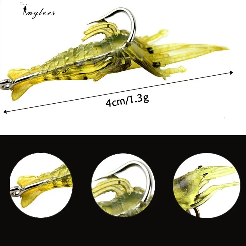 4/10PC Luminous Shrimp Fake Baits Soft Simulation Prawn Lure Fishy Smell Artificial Trout Bait with Single Hook Sea Fishing Tool